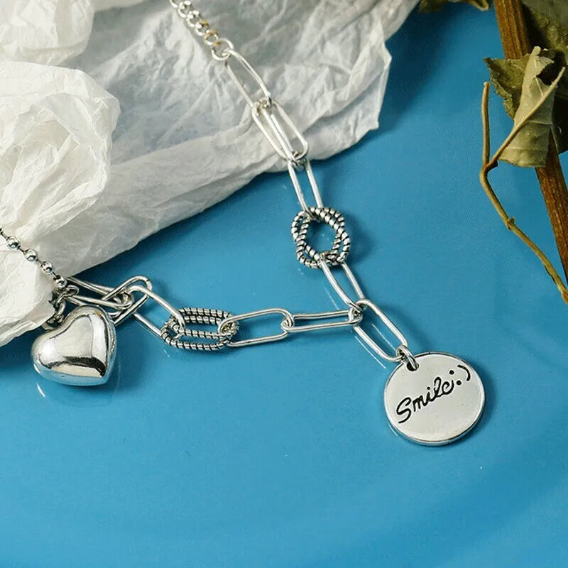 Silver Color necklace ladies elegant chain necklace fashion smile face heart sterling silver jewelry round r necklace Your Shop Mania