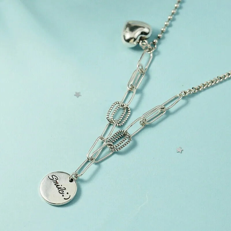 Silver Color necklace ladies elegant chain necklace fashion smile face heart sterling silver jewelry round r necklace Your Shop Mania
