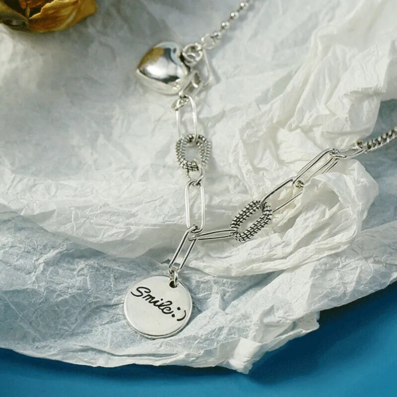 Silver Color necklace ladies elegant chain necklace fashion smile face heart sterling silver jewelry round r necklace Your Shop Mania
