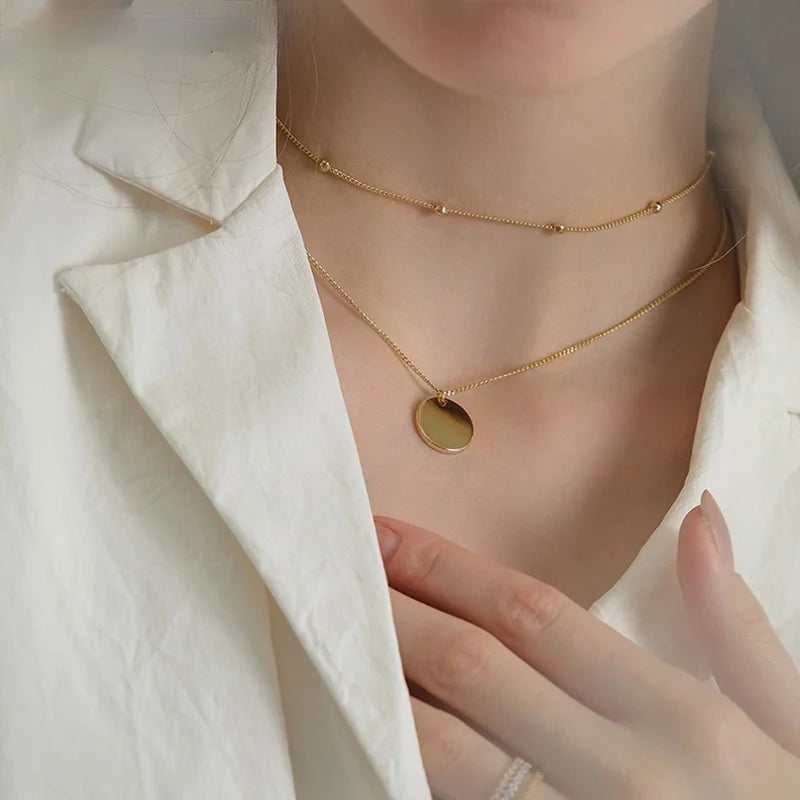 Silver Color Double Layer Round Disc Necklace Gold Bead Chain Charm Necklace For Women Your Shop Mania
