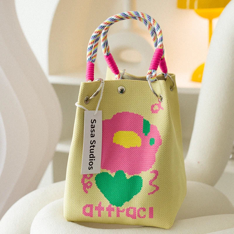 Korean Sle Knitted Tote Bag Large Capaci Portable Handbag Commuter Buet Bag Cute Floral Pattern Women's Handbag Your Shop Mania