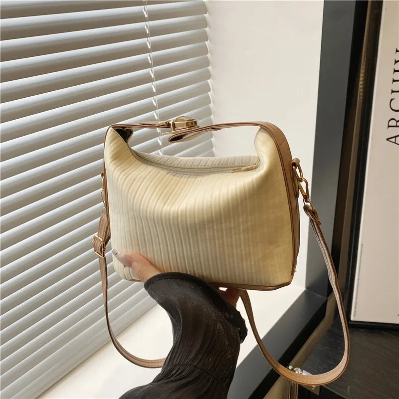 Vertical Striped Crossbody Shoulder Bag,PU Contrast Color Lunch Box Bowling Bag,Effortless Chic Sling Bag,Women Everday Handbag Your Shop Mania