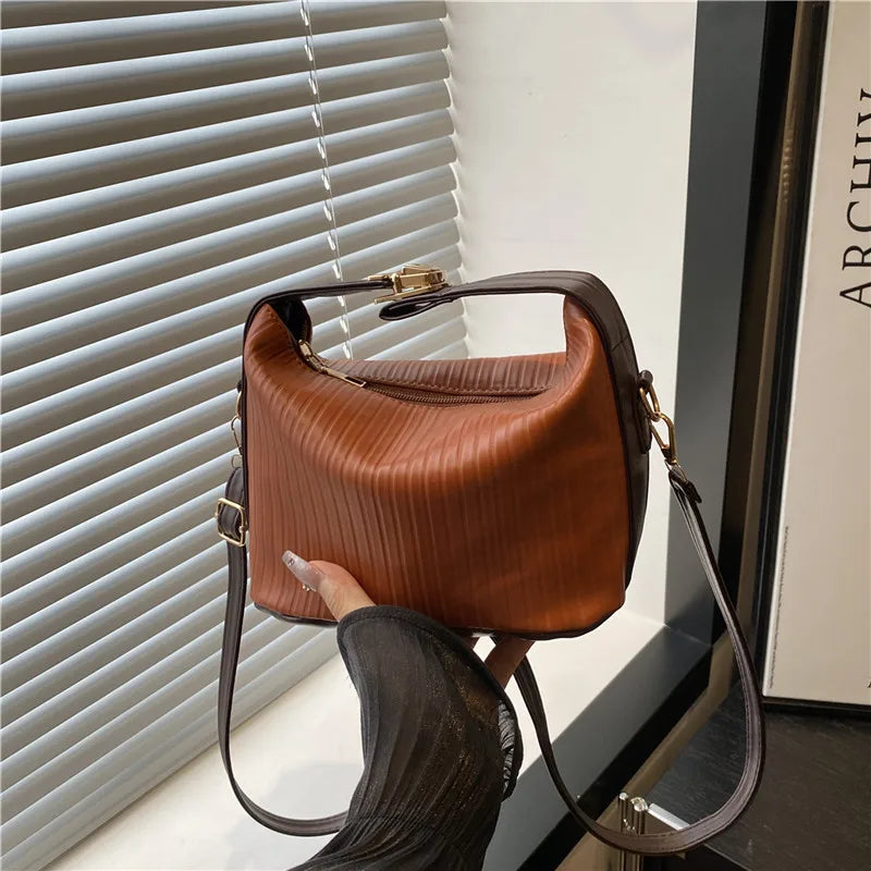 Vertical Striped Crossbody Shoulder Bag,PU Contrast Color Lunch Box Bowling Bag,Effortless Chic Sling Bag,Women Everday Handbag Your Shop Mania