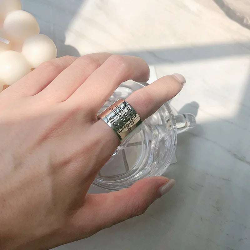 Real 925 Sterling Silver Personality Wide Letters Adjustable Retro Ring Fine Jewelry For Women Party Elegant Accessories Your Shop Mania