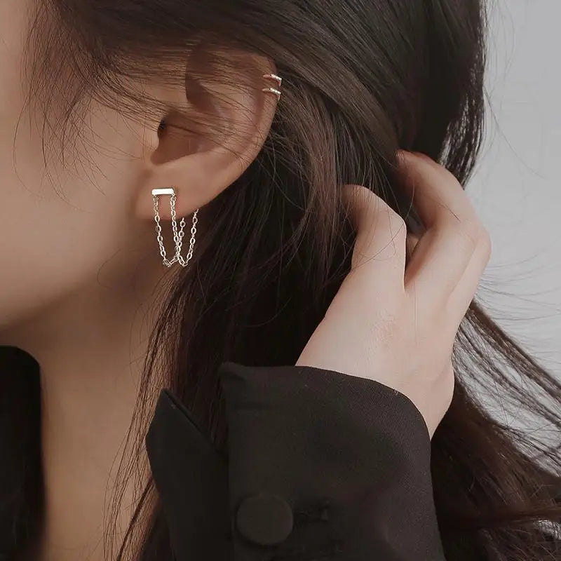 Sterling Silver  Double Chain Tassel Stud Earrings For Women Your Shop Mania