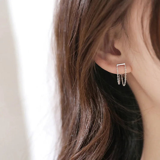 Sterling Silver  Double Chain Tassel Stud Earrings For Women Your Shop Mania
