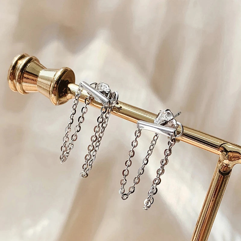 Sterling Silver  Double Chain Tassel Stud Earrings For Women Your Shop Mania