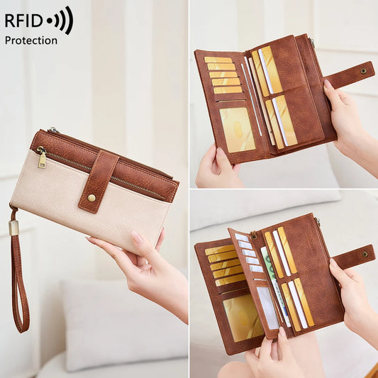 Vintage Style RFID Blocking Wallet Three-Fold Long Clutch Purse Multi-Card Slots for Daily Commute Business Casual Your Shop Mania