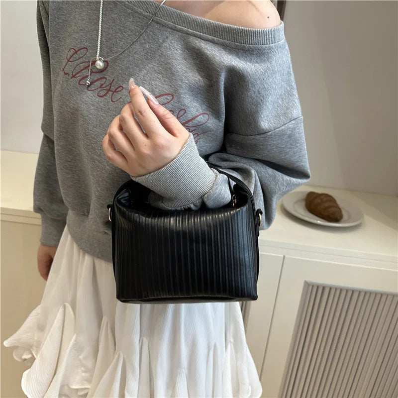 Vertical Striped Crossbody Shoulder Bag,PU Contrast Color Lunch Box Bowling Bag,Effortless Chic Sling Bag,Women Everday Handbag Your Shop Mania