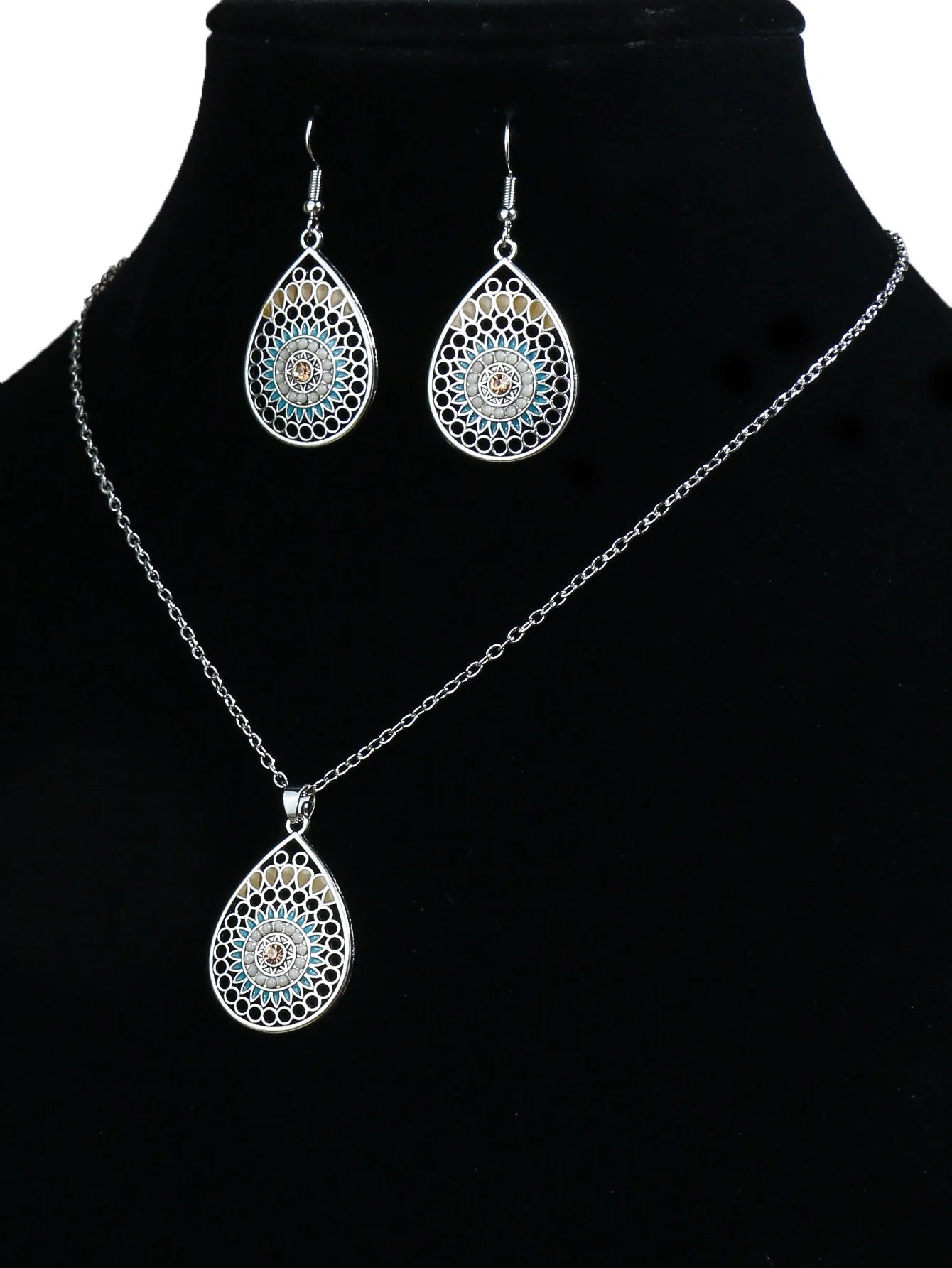 Ethnic Feng Shui Droplet Hollow Colored Glazed Earrings for Women Bohemian Vacation Short Necklace Jewelry Set Your Shop Mania