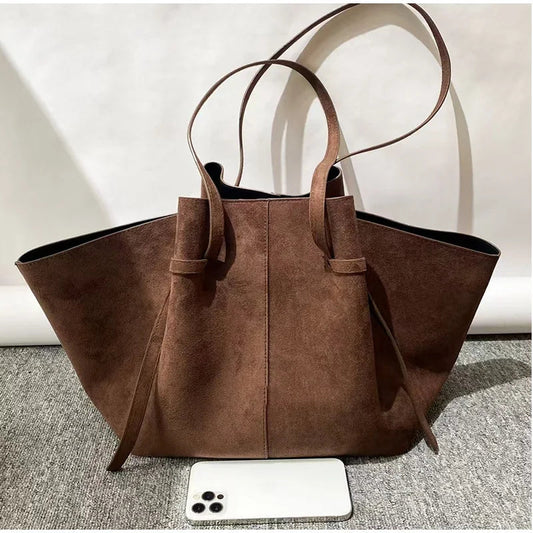 Brand Suede Design Shoulder Bag New Luxury Retro Women's Tote Bag Solid Color Genuine Leather Texture Large Capacity Handbag Your Shop Mania