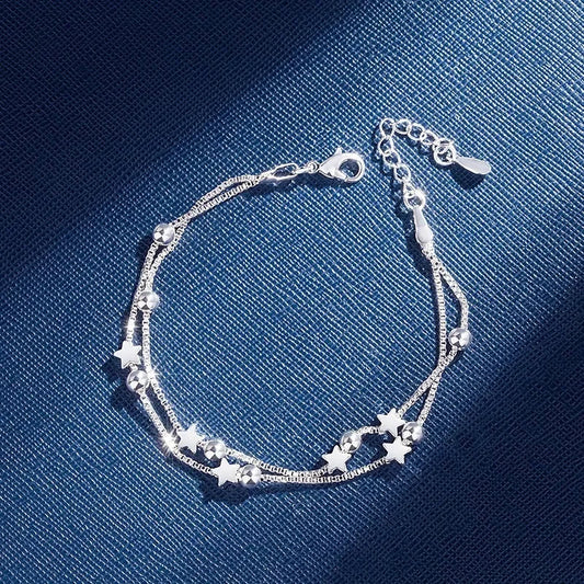 Sterling Silver Double Layers Stars Beads Bracelets for Women Elegant Box Chain Charm Bracelet Birthday Party Gift Your Shop Mania