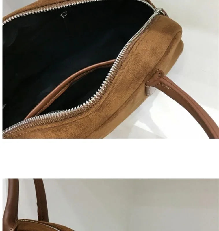 Autumn Winter 2023 New Korean Small Batch Suede Boston Retro Handbag Women's Bowling Bag Handheld Bag Female Style Handbag Your Shop Mania
