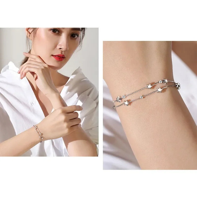 Sterling Silver Double Layers Stars Beads Bracelets for Women Elegant Box Chain Charm Bracelet Birthday Party Gift Your Shop Mania