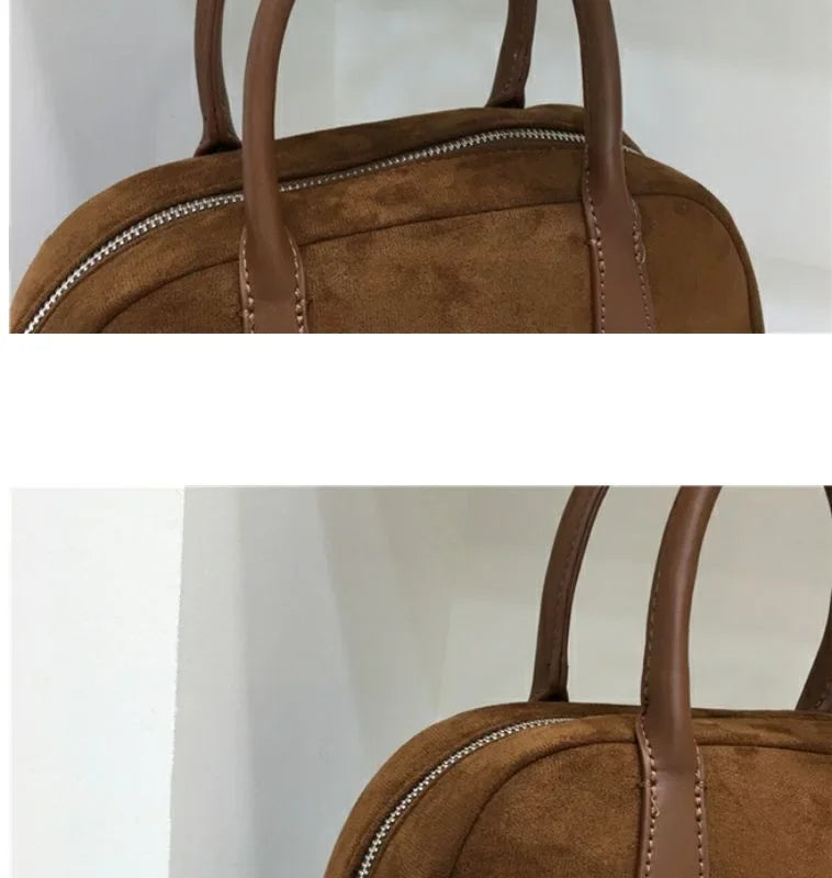 Autumn Winter 2023 New Korean Small Batch Suede Boston Retro Handbag Women's Bowling Bag Handheld Bag Female Style Handbag Your Shop Mania