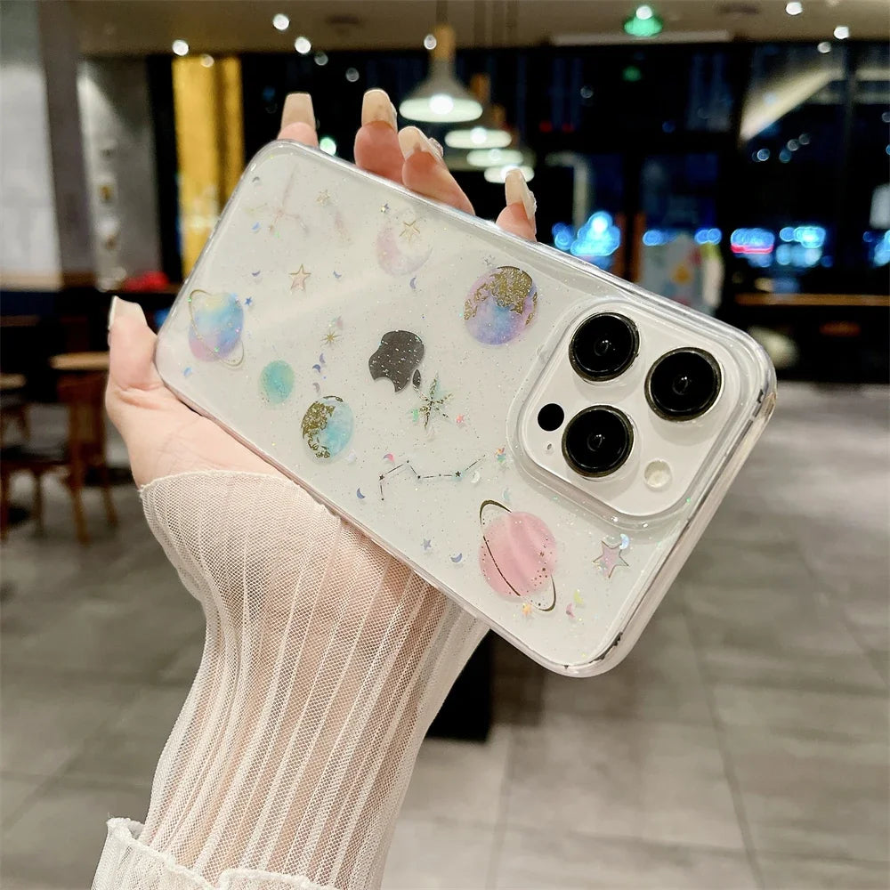 Luxury Crystal Glitter Sequin Transparent Case For iPhone 16 15 14 Pro Max Plus 13 12 11 XR X XS 7 8 SE 16ProMax Planet Cover