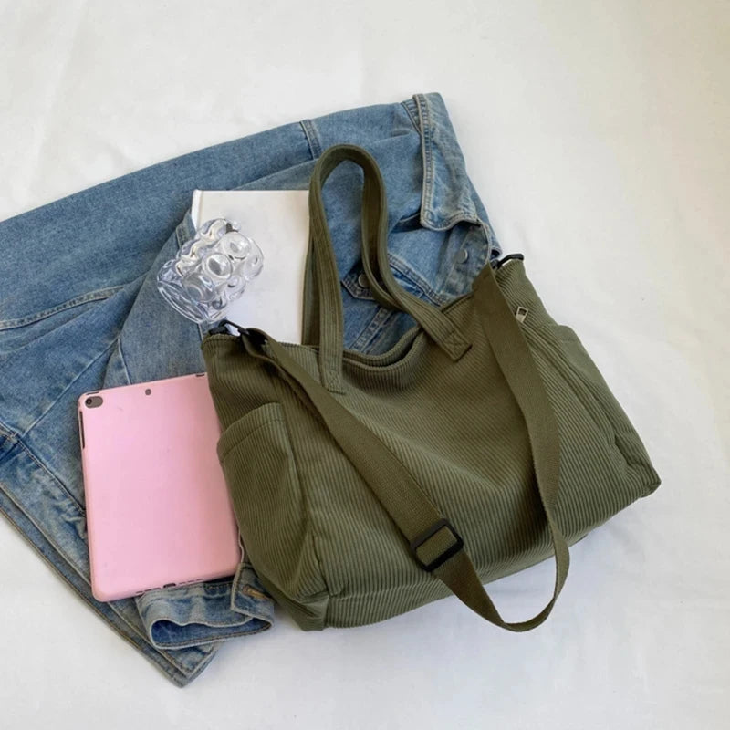 Fashionable Striped Velvet Handbag Simple Style Corduroy Shoulder Bag Solid Color Large Capacity Commuting Women's Tote Bag Your Shop Mania