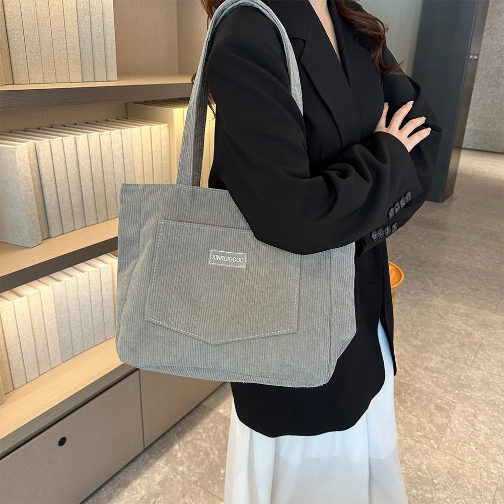Large Capacity Shoulder Bag Trendy Corduroy Tote Bag Solid Color Ladies Handbag With Front Pocket Your Shop Mania