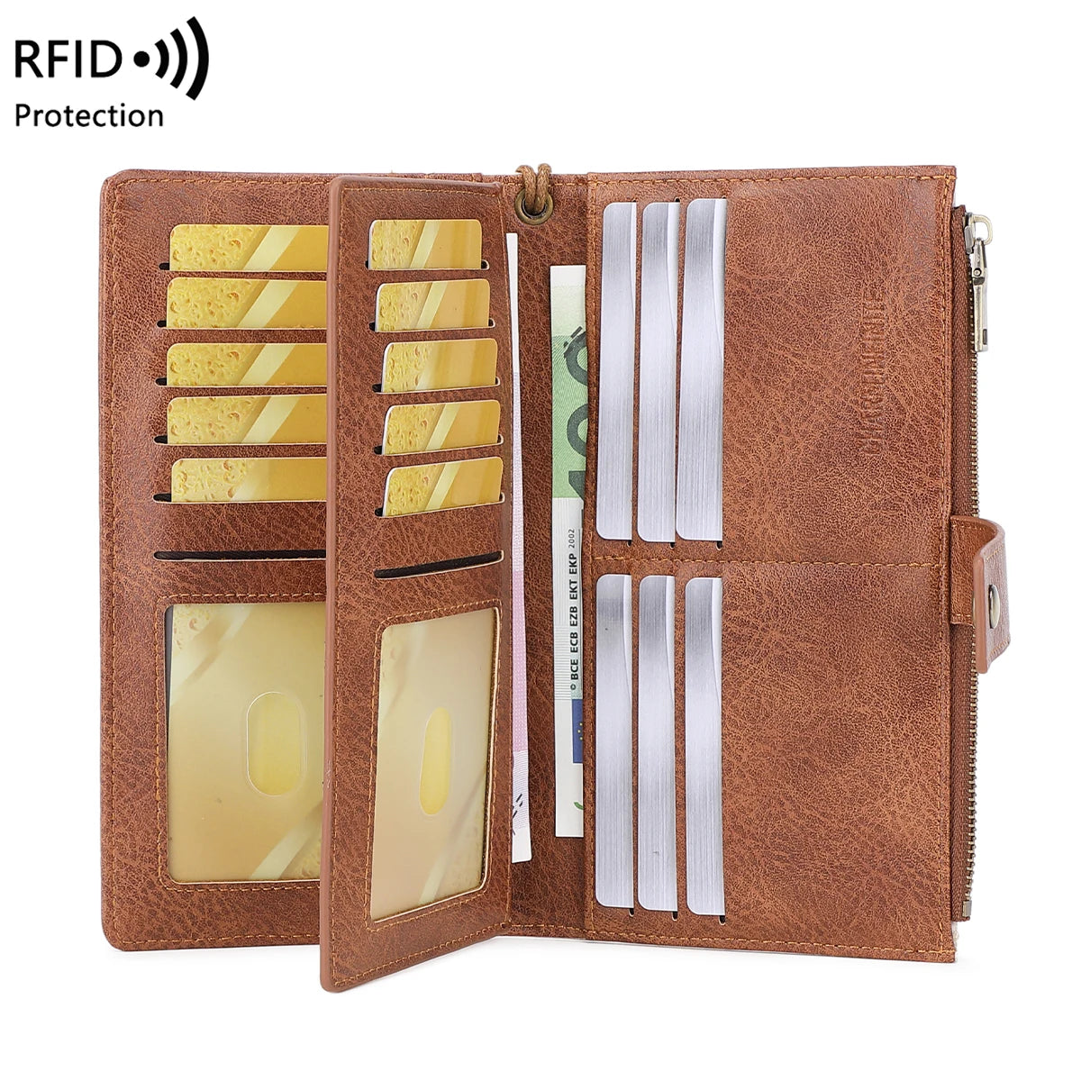 Vintage Style RFID Blocking Wallet Three-Fold Long Clutch Purse Multi-Card Slots for Daily Commute Business Casual Your Shop Mania