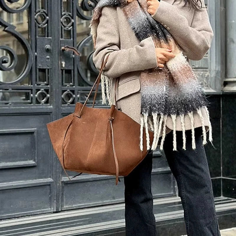Brand Suede Design Shoulder Bag New Luxury Retro Women's Tote Bag Solid Color Genuine Leather Texture Large Capacity Handbag Your Shop Mania