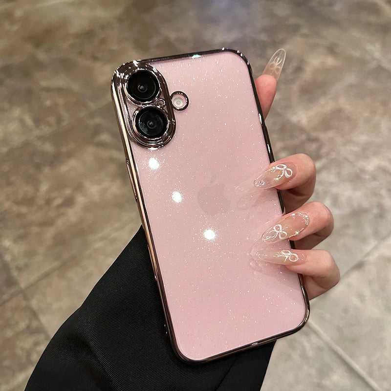 Luxury Transparent Bling Glitter Plating Phone Case For iPhone 11 12 13 14 15 16 Pro Max Plus PC Hard Plastic Shockproof Cover