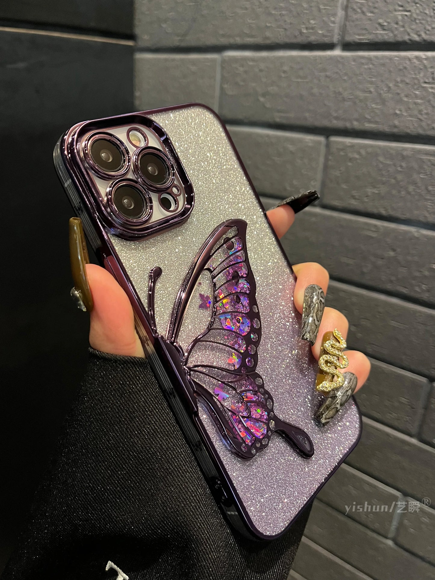 Luxury Electroplated Butterfly Glitter Phone Case For iPhone 11 12 13 14 15 16 Pro Max Fashion Shockproof Bumper Cases Cover