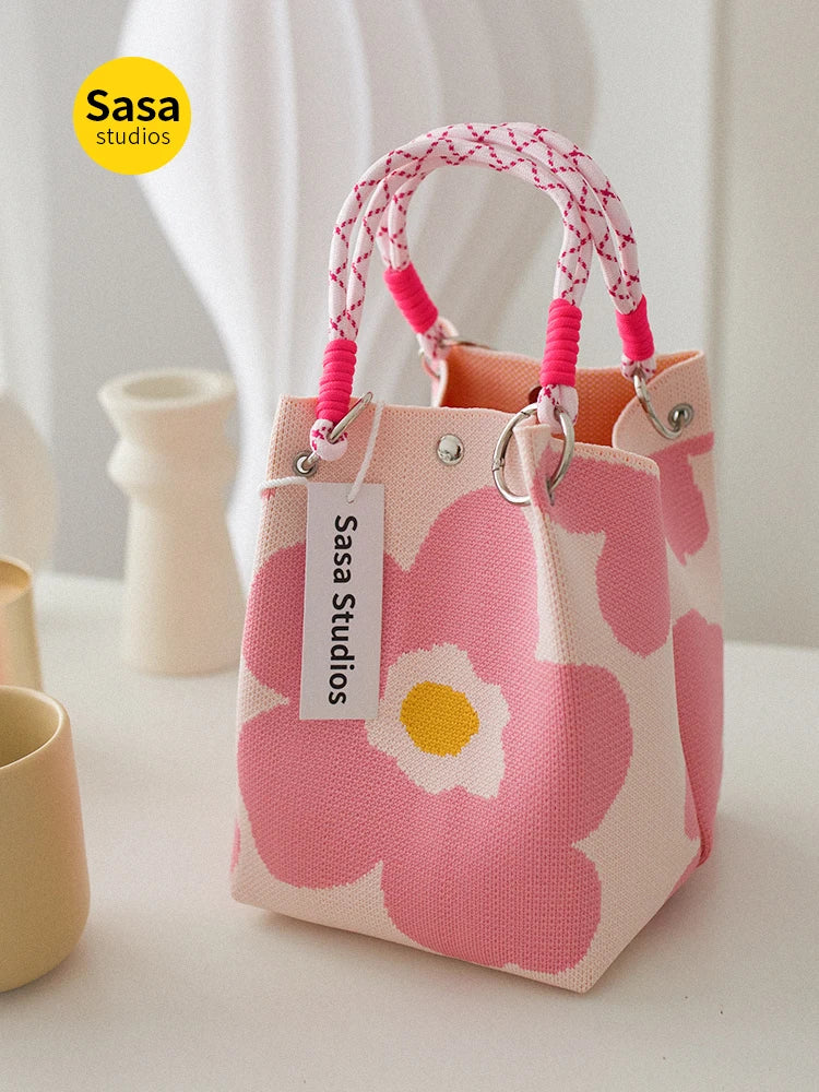 Korean Sle Knitted Tote Bag Large Capaci Portable Handbag Commuter Buet Bag Cute Floral Pattern Women's Handbag Your Shop Mania