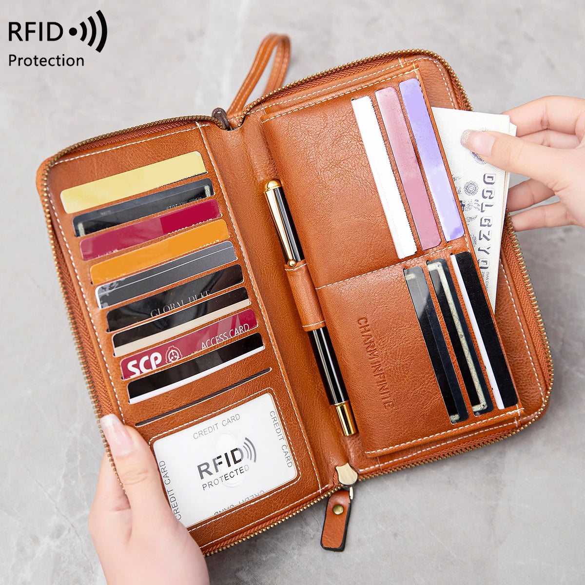 RFID Anti-Theft Brush Wallet for Women, Multi Slot, Vintage, Large Capacity, Multi-functional, Stylish Clutch with Wrist Strap Your Shop Mania