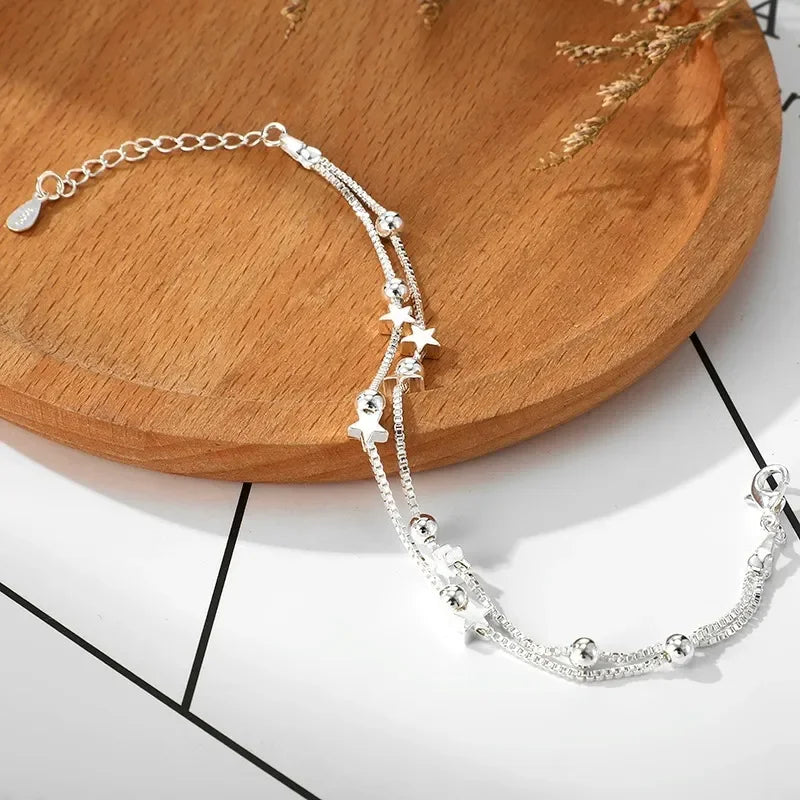 Sterling Silver Double Layers Stars Beads Bracelets for Women Elegant Box Chain Charm Bracelet Birthday Party Gift Your Shop Mania