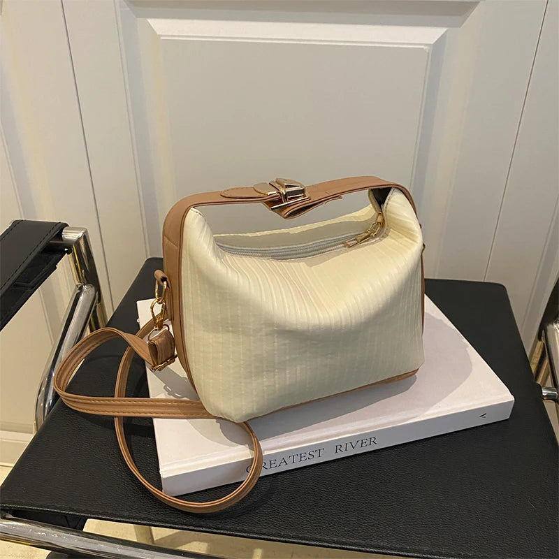 Vertical Striped Crossbody Shoulder Bag,PU Contrast Color Lunch Box Bowling Bag,Effortless Chic Sling Bag,Women Everday Handbag Your Shop Mania