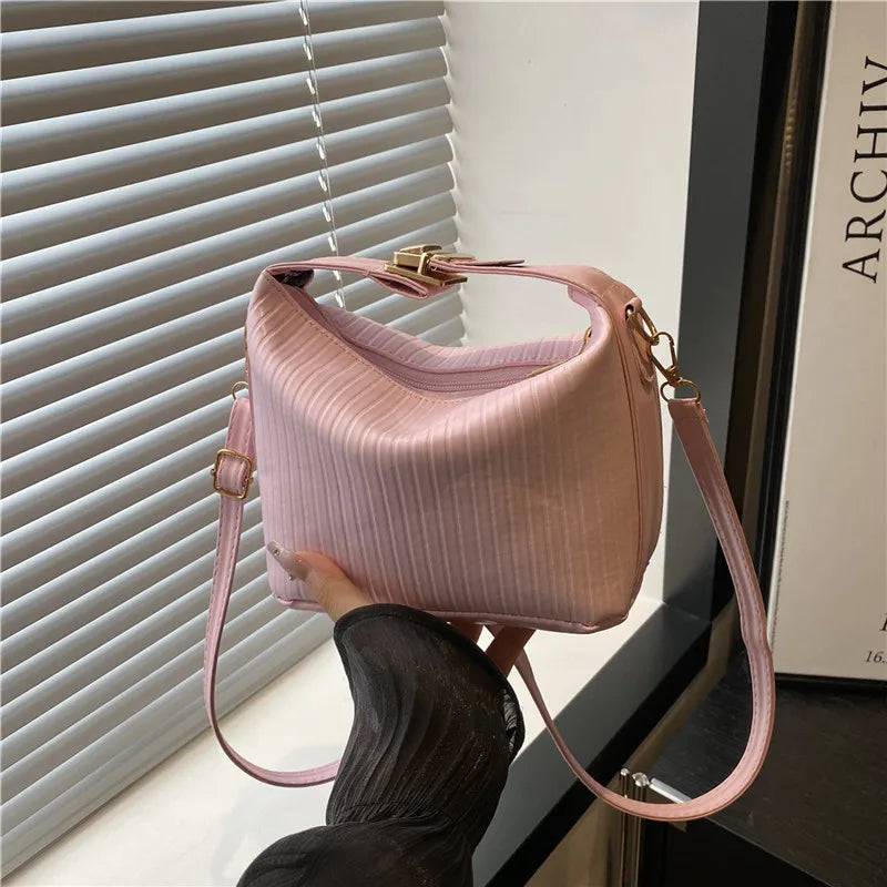 Vertical Striped Crossbody Shoulder Bag,PU Contrast Color Lunch Box Bowling Bag,Effortless Chic Sling Bag,Women Everday Handbag Your Shop Mania