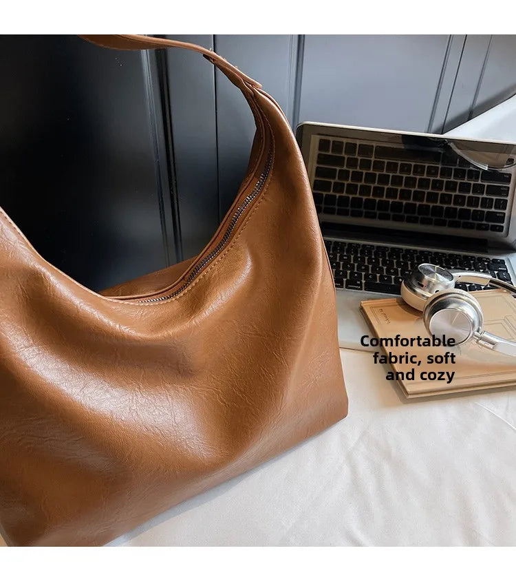 Fall New Large Capaci Pure Color Soft Leather Tote Bag Women's Versatile Single oulder Underarm Bag for Commuting And o... Your Shop Mania
