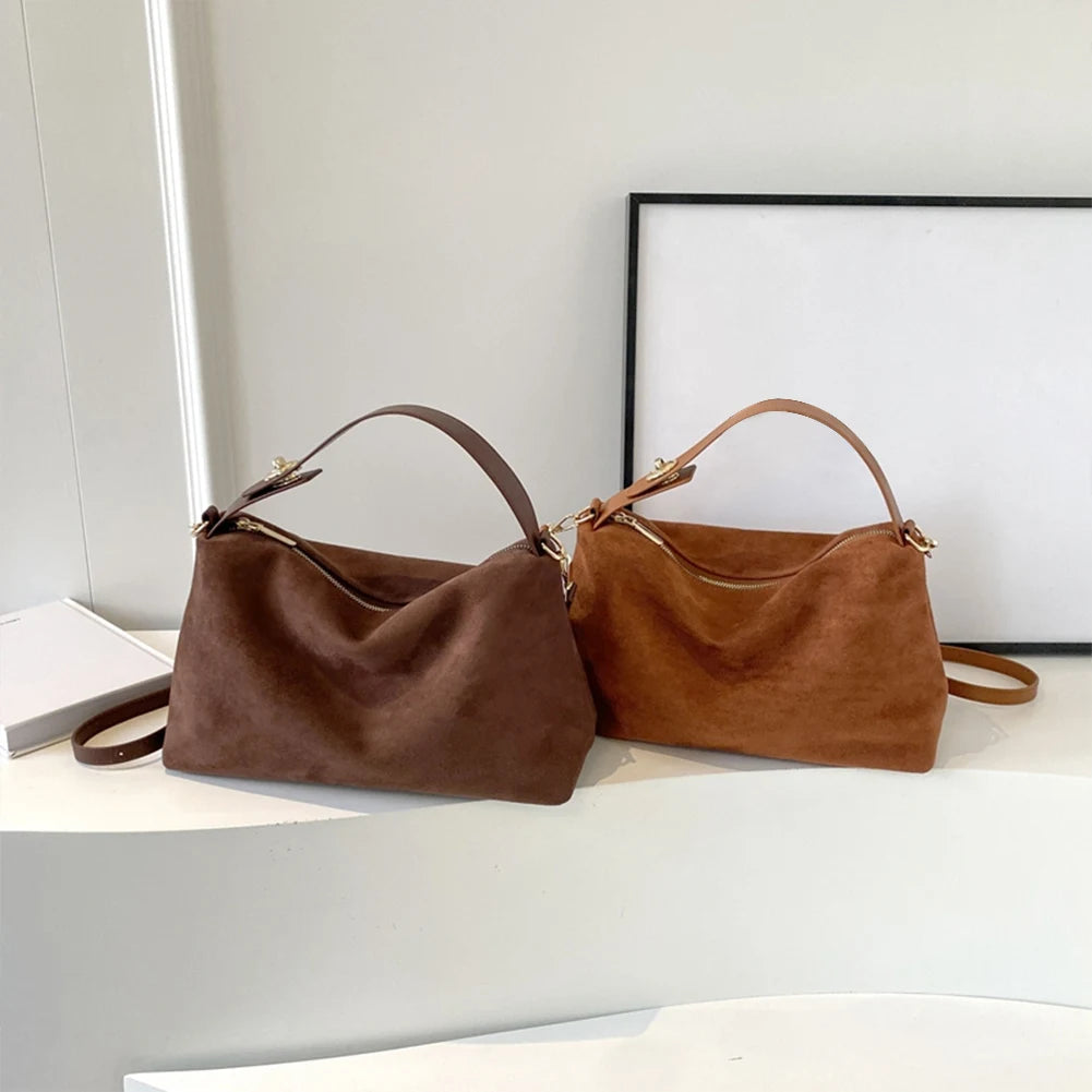 Fashion Autumn Winter Big Boston Tote Soft Matte Suede Cow Leather Women's Handbag Shoulder Crossbody Bag For Women Grey Brown Your Shop Mania