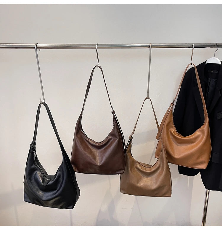 Fall New Large Capaci Pure Color Soft Leather Tote Bag Women's Versatile Single oulder Underarm Bag for Commuting And o... Your Shop Mania
