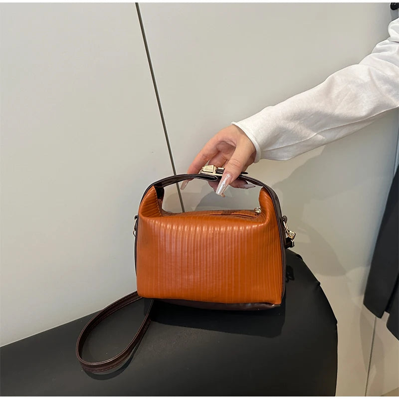Vertical Striped Crossbody Shoulder Bag,PU Contrast Color Lunch Box Bowling Bag,Effortless Chic Sling Bag,Women Everday Handbag Your Shop Mania