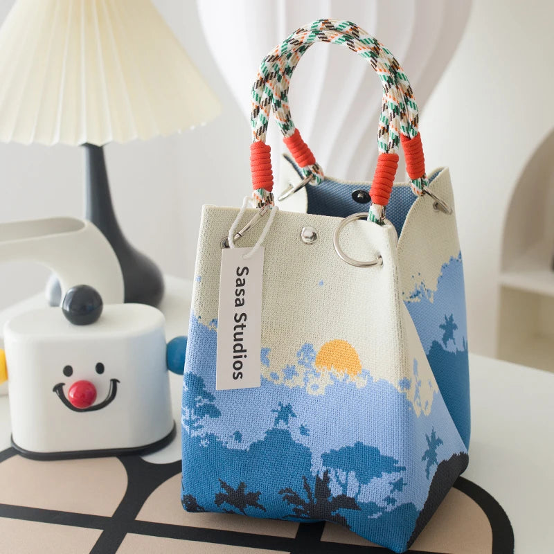 Korean Sle Knitted Tote Bag Large Capaci Portable Handbag Commuter Buet Bag Cute Floral Pattern Women's Handbag Your Shop Mania
