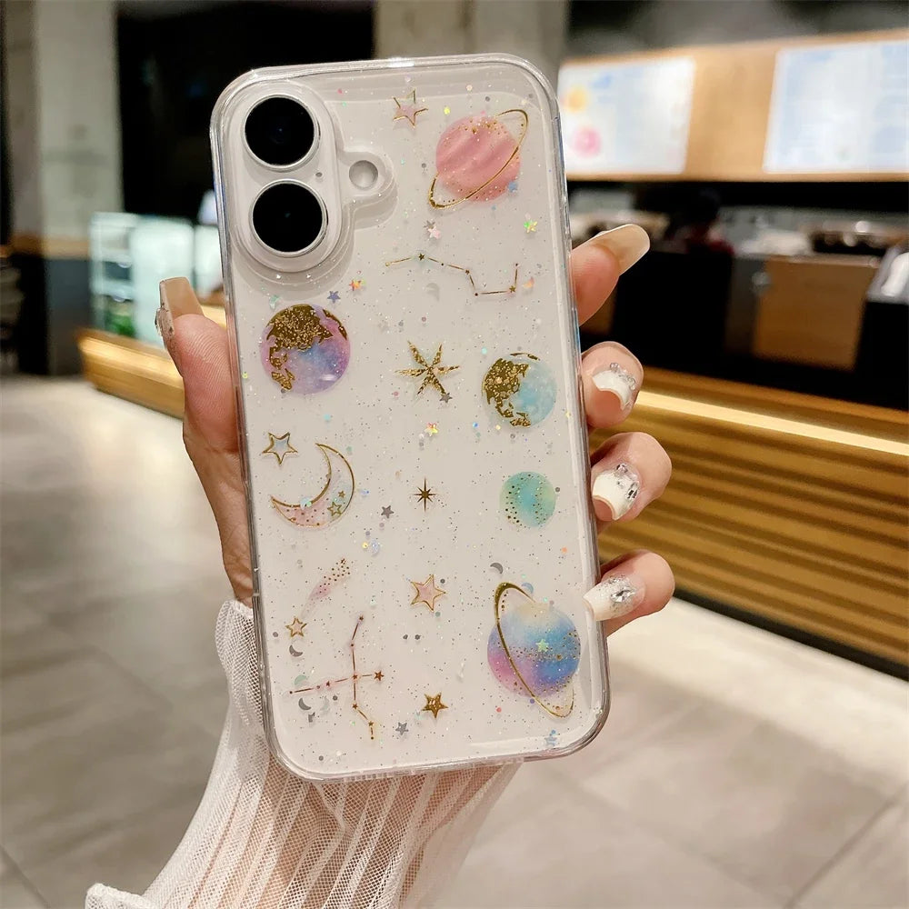 Luxury Crystal Glitter Sequin Transparent Case For iPhone 16 15 14 Pro Max Plus 13 12 11 XR X XS 7 8 SE 16ProMax Planet Cover