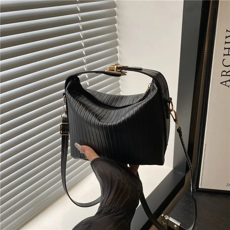 Vertical Striped Crossbody Shoulder Bag,PU Contrast Color Lunch Box Bowling Bag,Effortless Chic Sling Bag,Women Everday Handbag Your Shop Mania