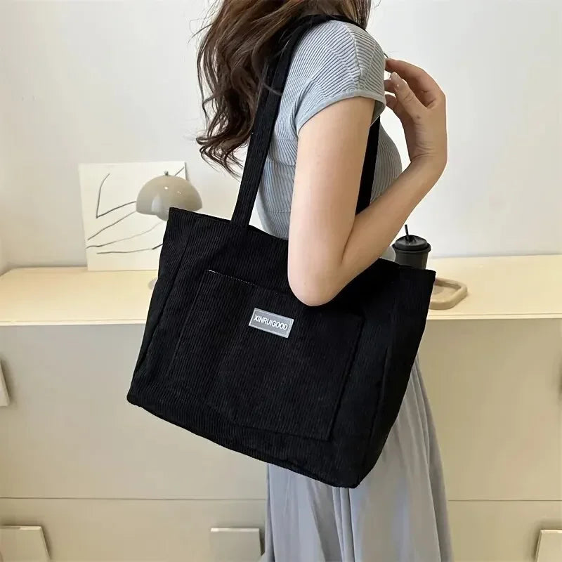 Large Capacity Shoulder Bag Trendy Corduroy Tote Bag Solid Color Ladies Handbag With Front Pocket Your Shop Mania