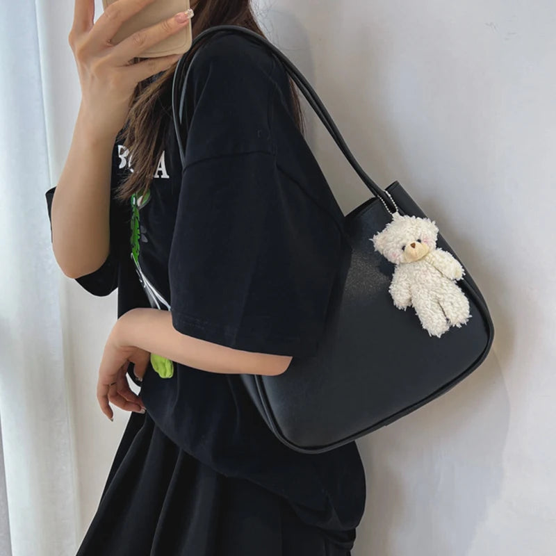 Simple And Casual New Popular PU Leather Versatile Shoulder Underarm Bag Small Fresh Solid Color Bear Pendant Handbag Your Shop Mania