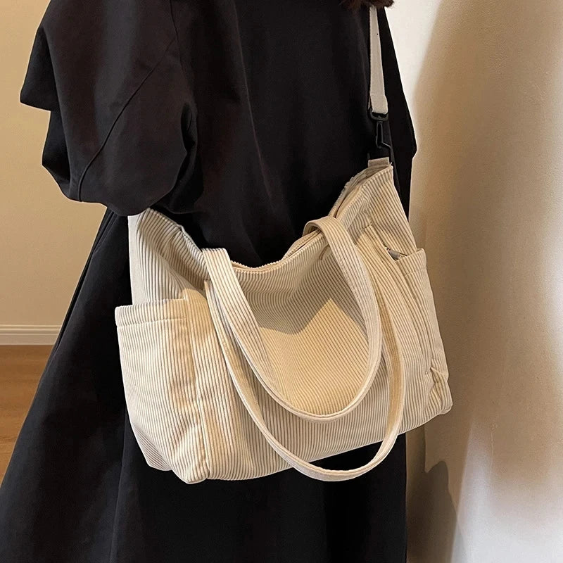 Fashionable Striped Velvet Handbag Simple Style Corduroy Shoulder Bag Solid Color Large Capacity Commuting Women's Tote Bag Your Shop Mania