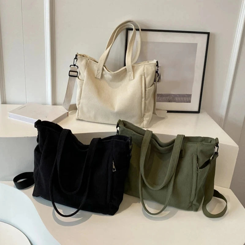 Fashionable Striped Velvet Handbag Simple Style Corduroy Shoulder Bag Solid Color Large Capacity Commuting Women's Tote Bag Your Shop Mania