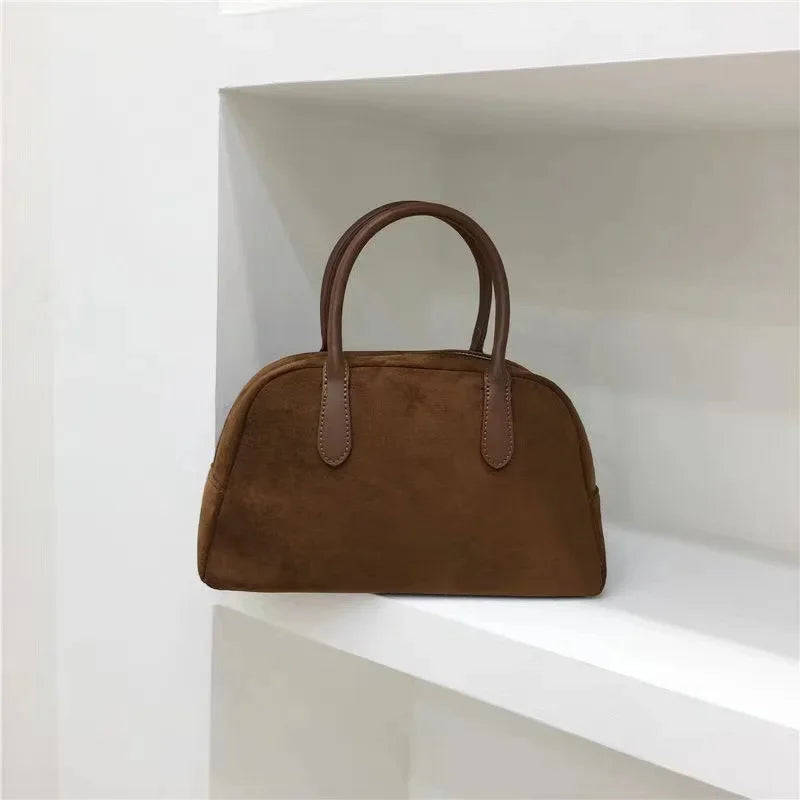Autumn Winter 2023 New Korean Small Batch Suede Boston Retro Handbag Women's Bowling Bag Handheld Bag Female Style Handbag Your Shop Mania