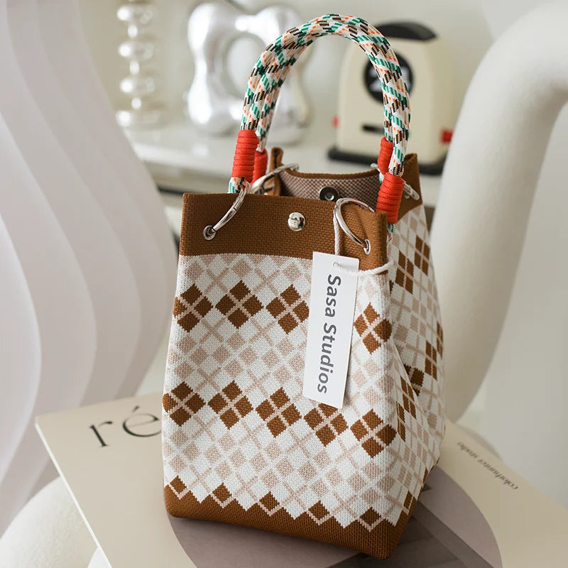 Korean Sle Knitted Tote Bag Large Capaci Portable Handbag Commuter Buet Bag Cute Floral Pattern Women's Handbag Your Shop Mania
