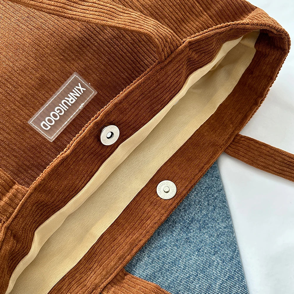 Large Capacity Shoulder Bag Trendy Corduroy Tote Bag Solid Color Ladies Handbag With Front Pocket Your Shop Mania