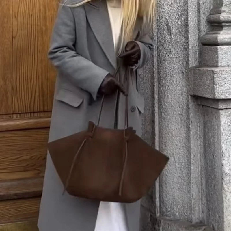 Brand Suede Design Shoulder Bag New Luxury Retro Women's Tote Bag Solid Color Genuine Leather Texture Large Capacity Handbag Your Shop Mania