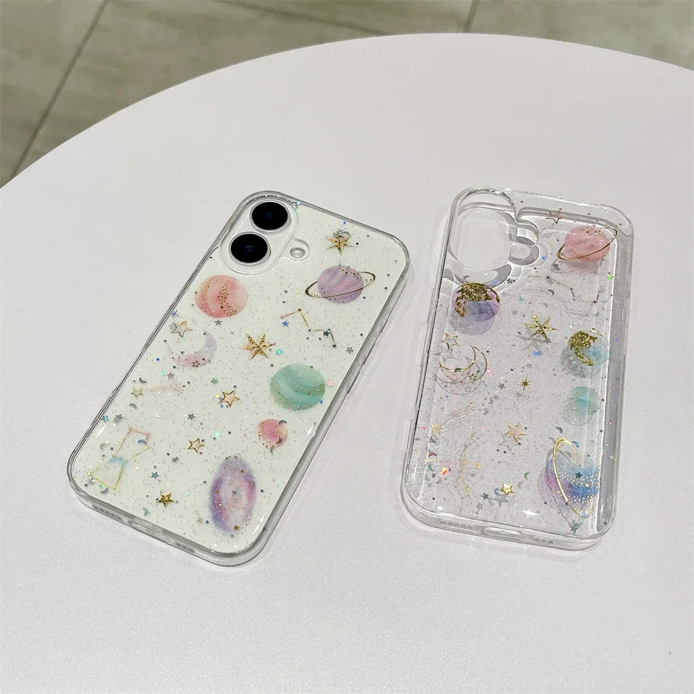 Luxury Crystal Glitter Sequin Transparent Case For iPhone 16 15 14 Pro Max Plus 13 12 11 XR X XS 7 8 SE 16ProMax Planet Cover