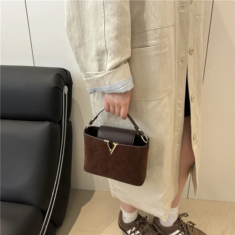 Fashionable Mini Suede Women's Bag, Faux Suede Tote Bag, Hardware Lock Buckle Decoration Handbag Purse Shoulder Cross Body Bags Your Shop Mania