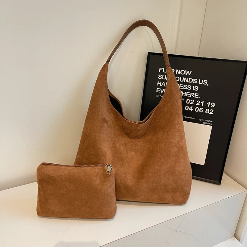 MOODS Casual Shoulder Tote Bag Set For Women 2-IN-1 Suede Pure Color Large Capacity Shopper Tote 2024 Winter New Handbags Female Your Shop Mania