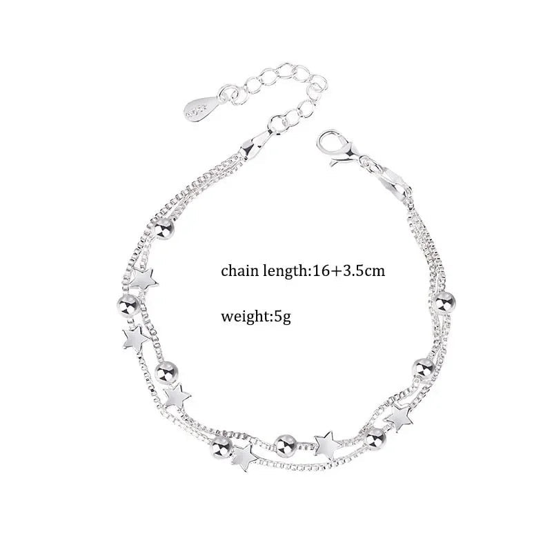 Sterling Silver Double Layers Stars Beads Bracelets for Women Elegant Box Chain Charm Bracelet Birthday Party Gift Your Shop Mania